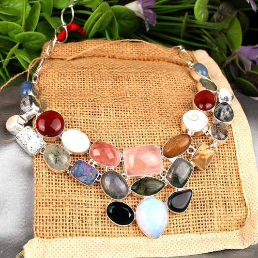 Multi-Gemstone Colorful Heavy Brass Necklace