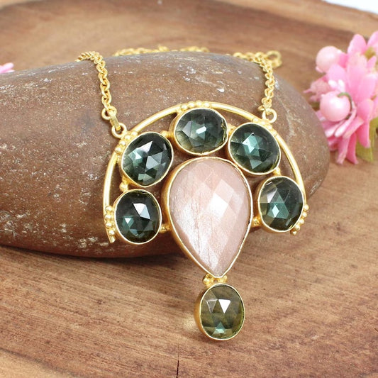 Pear Peach Moonstone Brass Necklace