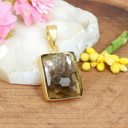 Rectangle Smoky Quartz Gold Plated Pendant