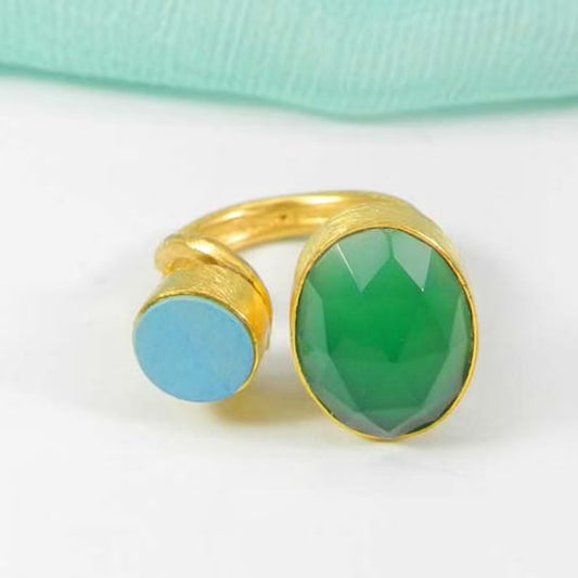 Turquoise & Green Onyx Gold Plated Brass Ring