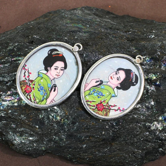 92.5 Sterling Silver Japanese Women Painting Connector