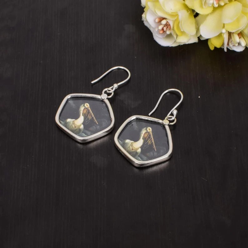 92.5 Sterling Silver Pelican Painting Earrings