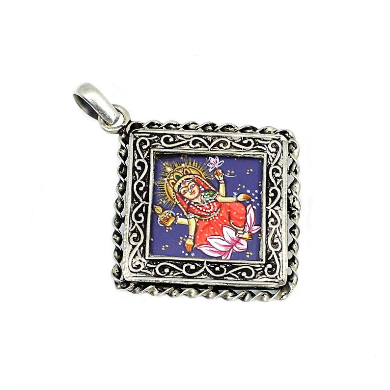 92.5 Sterling SIlver Hand Painted Laxmi Ji Pendant