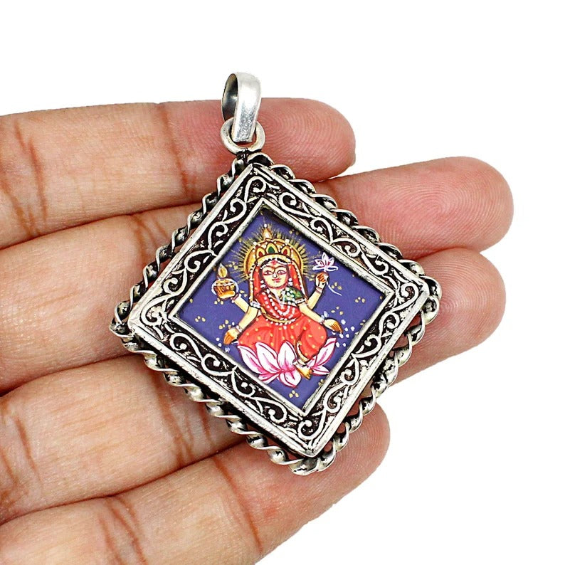 92.5 Sterling SIlver Hand Painted Laxmi Ji Pendant