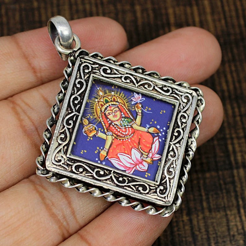 92.5 Sterling SIlver Hand Painted Laxmi Ji Pendant