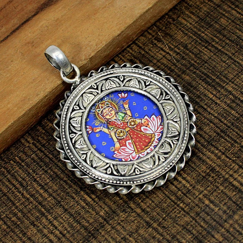 925 Sterling Silver Hand Painted Laxmi Pendant