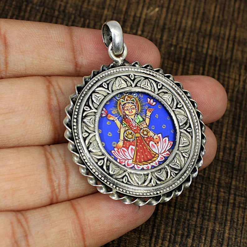 925 Sterling Silver Hand Painted Laxmi Pendant