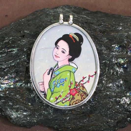 92.5 Sterling Silver Beautiful Women Painting-Japanese Painting Pendant