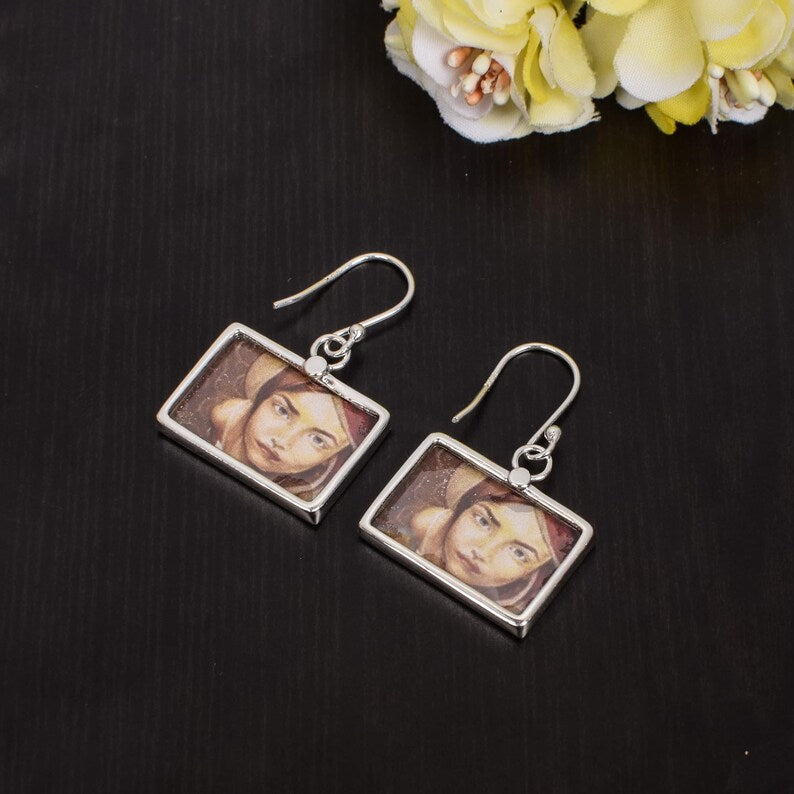 925 Sterling Silver Woman Picture Painting Earrings