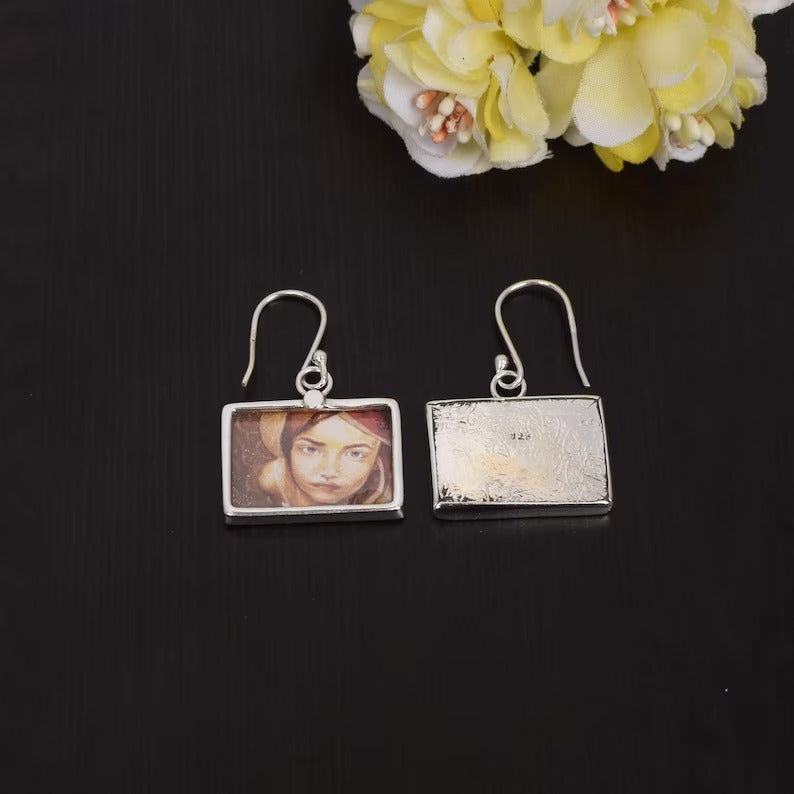 925 Sterling Silver Woman Picture Painting Earrings