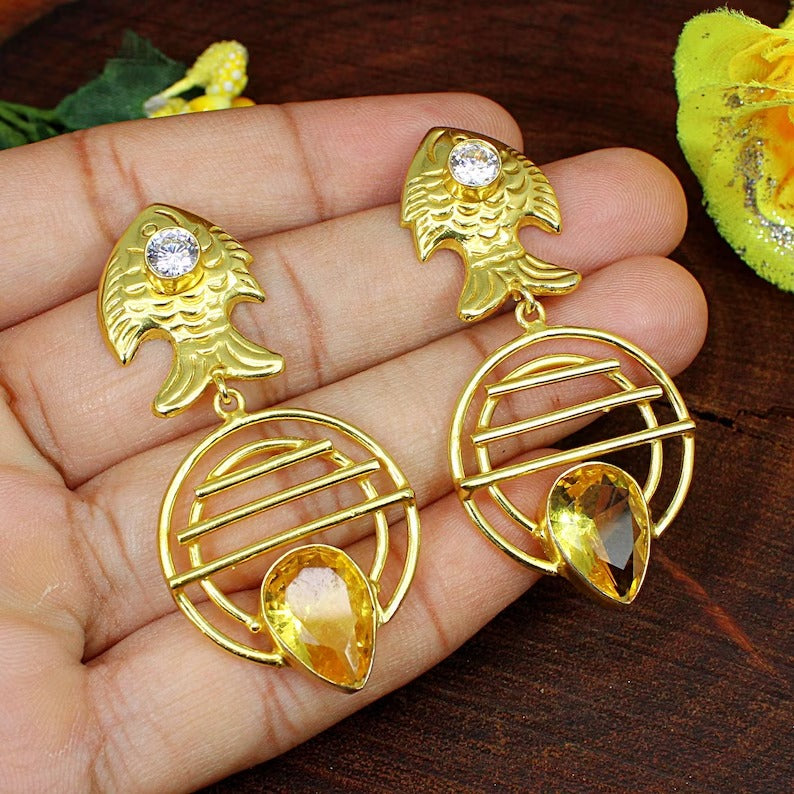 Citrine Gemstone Gold Plated Brass Earrings