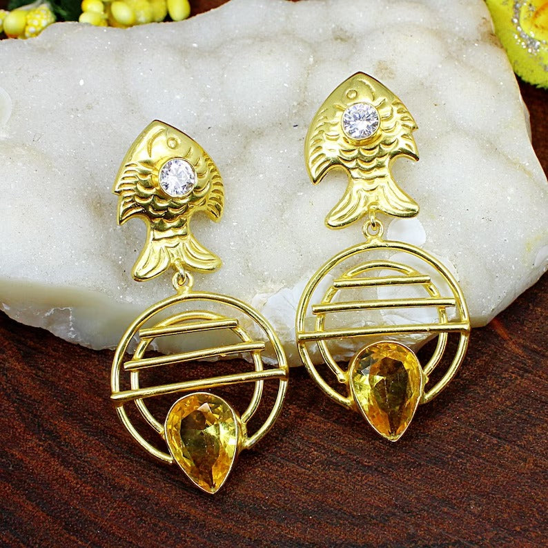 Citrine Gemstone Gold Plated Brass Earrings