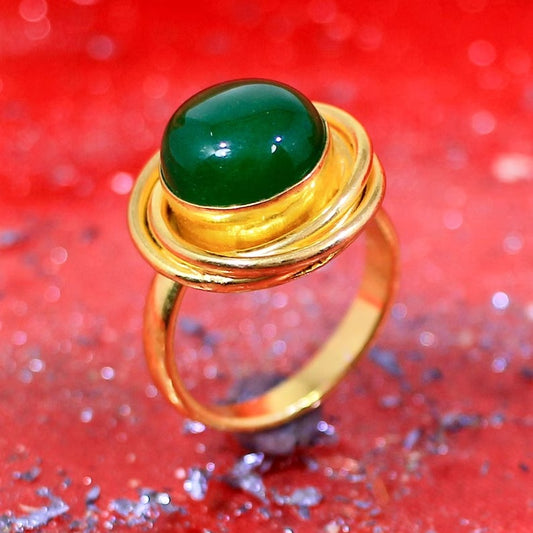 Green Onyx Unisex Brass Gold Plated Ring