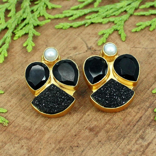 Black Druzy & White Pearl Brass Studs Earrings