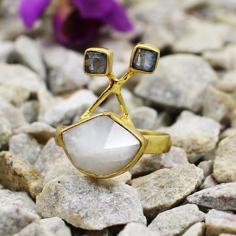 Rainbow Moonstone And Labradorite Gold Plated Brass Ring