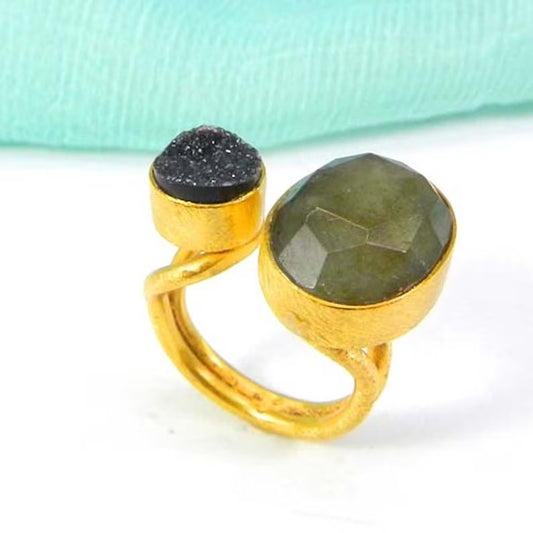 Labradorite & Black Druzy Gemstone Brass Ring