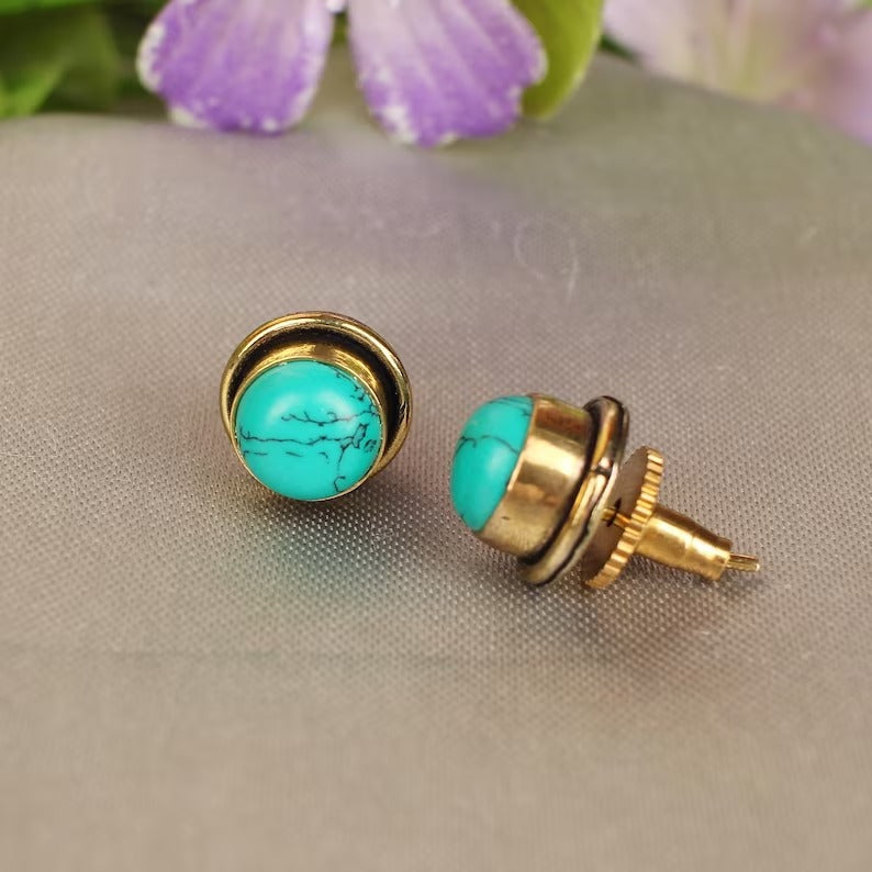 Turquoise Gemstone Brass Stud Earrings