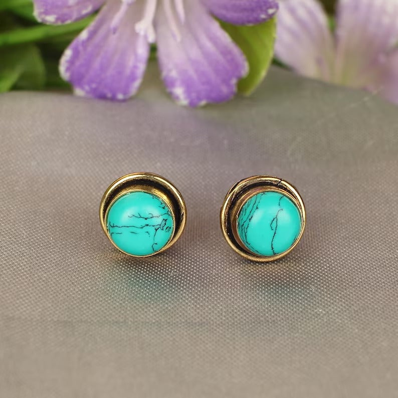 Turquoise Gemstone Brass Stud Earrings