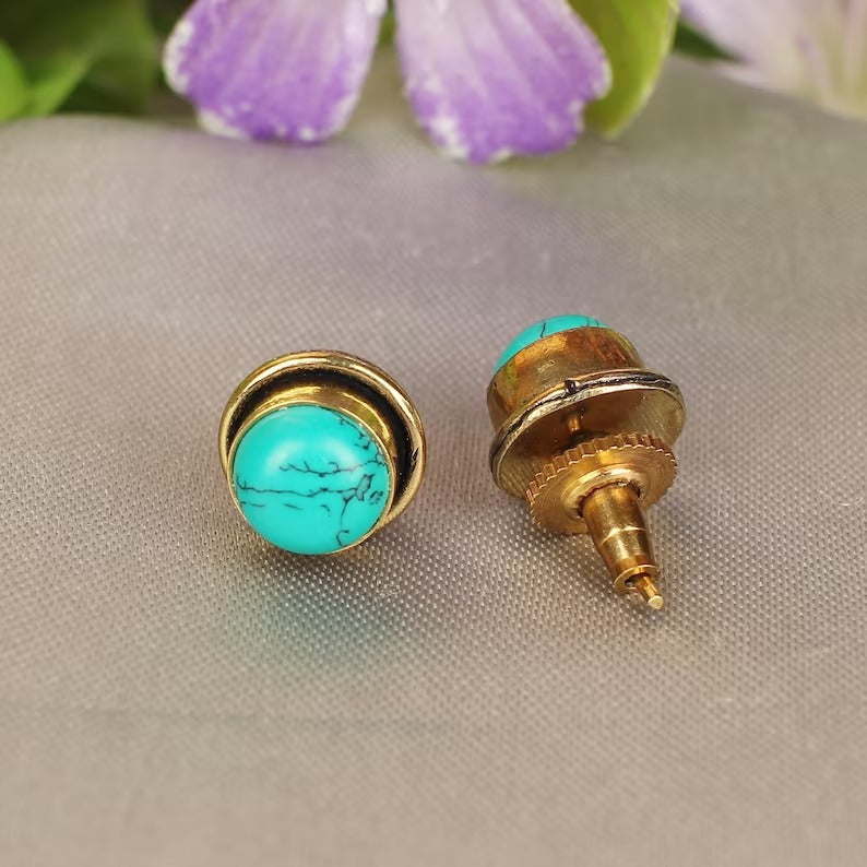 Turquoise Gemstone Brass Stud Earrings