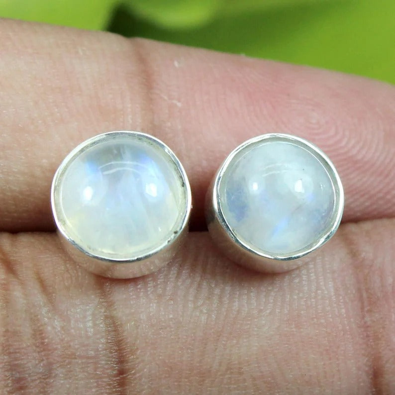 925 Sterling Silver Natural Rainbow Moonstone Gemstone Studs