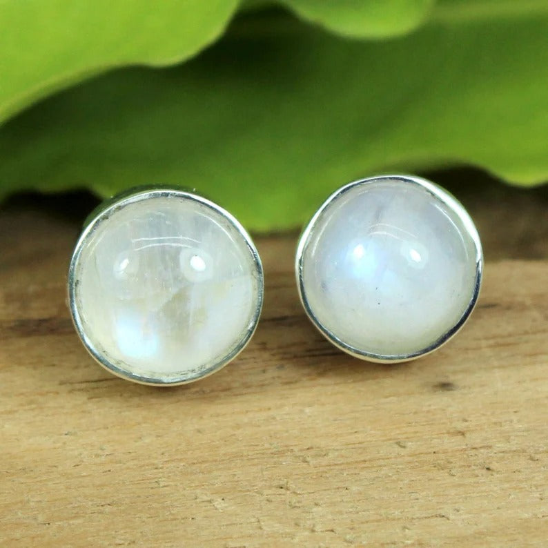 925 Sterling Silver Natural Rainbow Moonstone Gemstone Studs