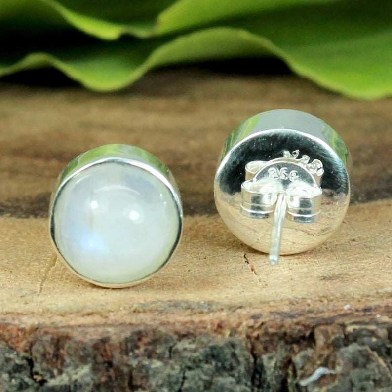 925 Sterling Silver Natural Rainbow Moonstone Gemstone Studs