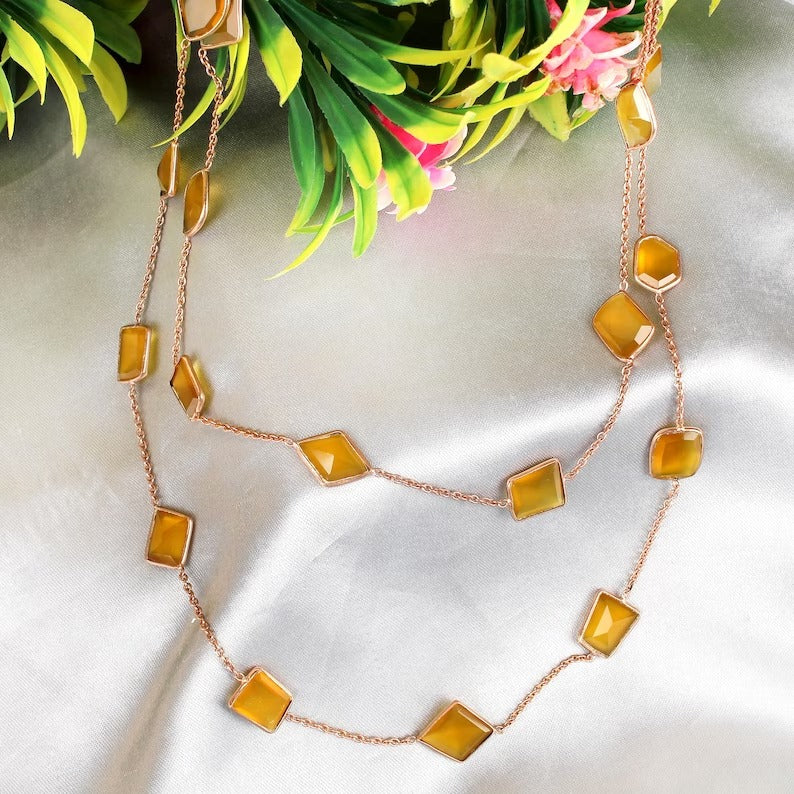 Yellow Chalcedony Gold Plated Brass Necklace