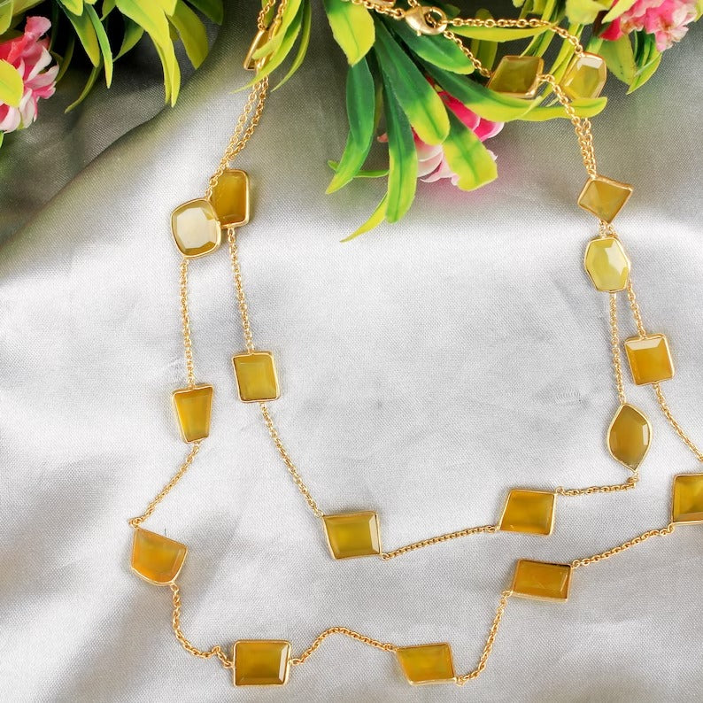 Yellow Chalcedony Gold Plated Brass Necklace