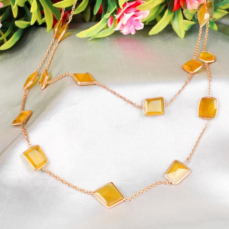 Yellow Chalcedony Gold Plated Brass Necklace