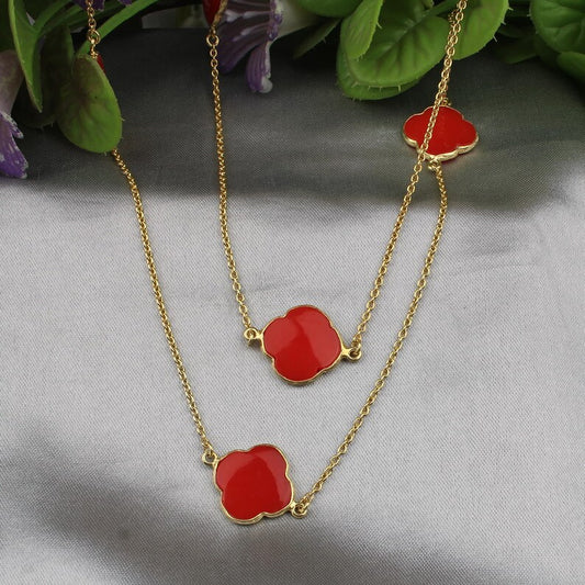 Red Coral Clover Shape Necklace