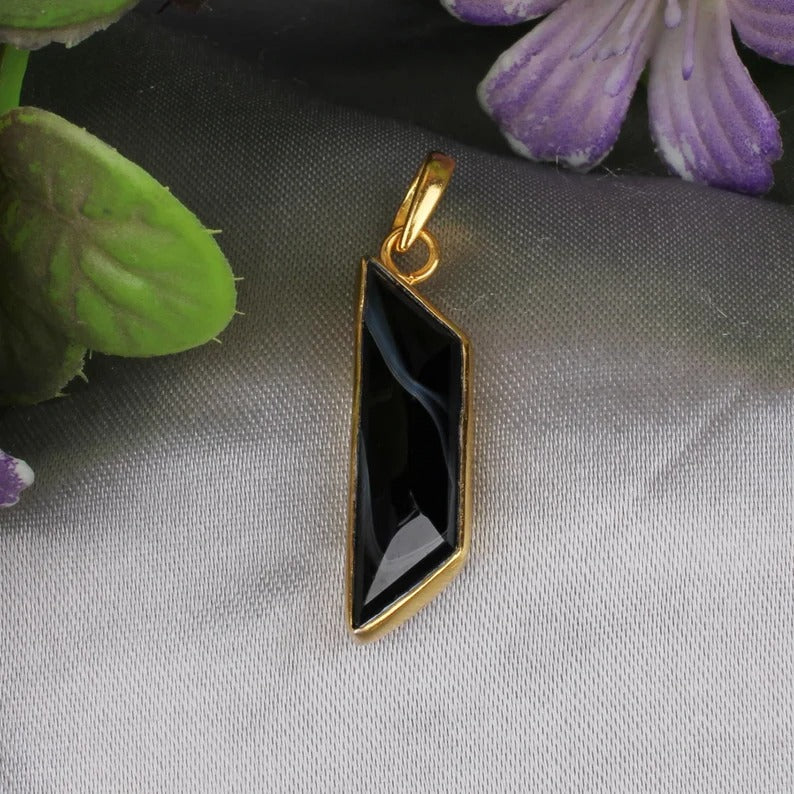 Black Banded Agate Gemstone Gold Plated Pendant