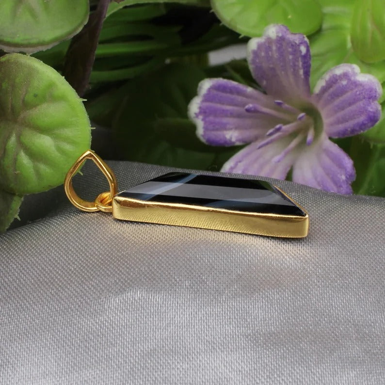 Black Banded Agate Gemstone Gold Plated Pendant