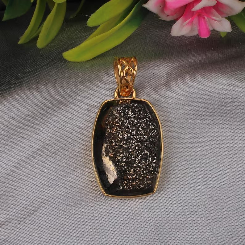 Black Coated Druzy Handmade Gold Plated Pendant