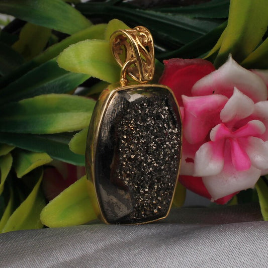 Black Coated Druzy Handmade Gold Plated Pendant