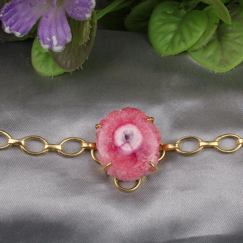 Pink Solar Quartz Gemstone Brass Bracelet