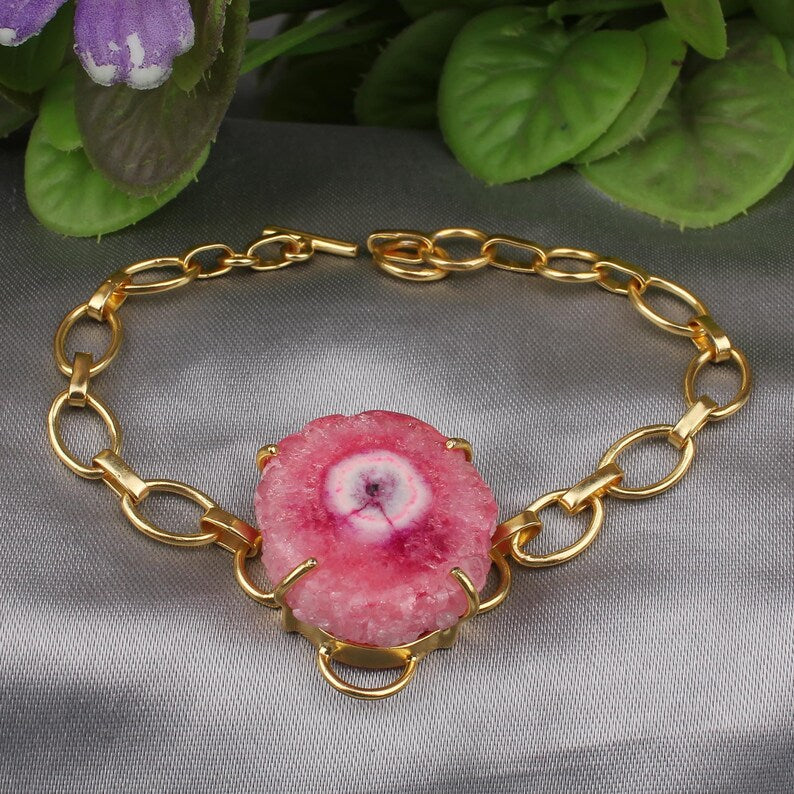 Pink Solar Quartz Gemstone Brass Bracelet