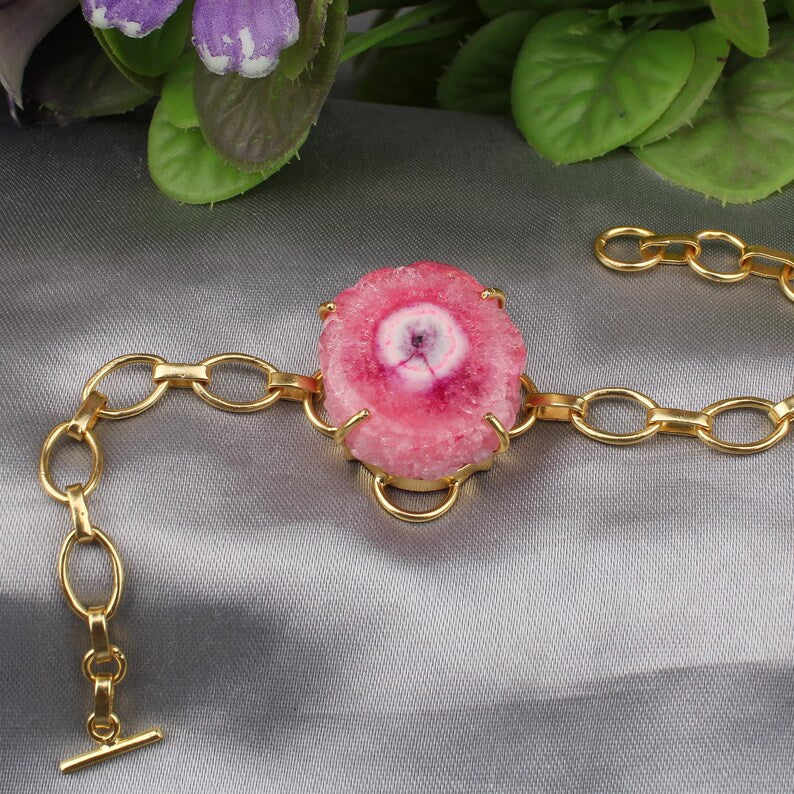 Pink Solar Quartz Gemstone Brass Bracelet