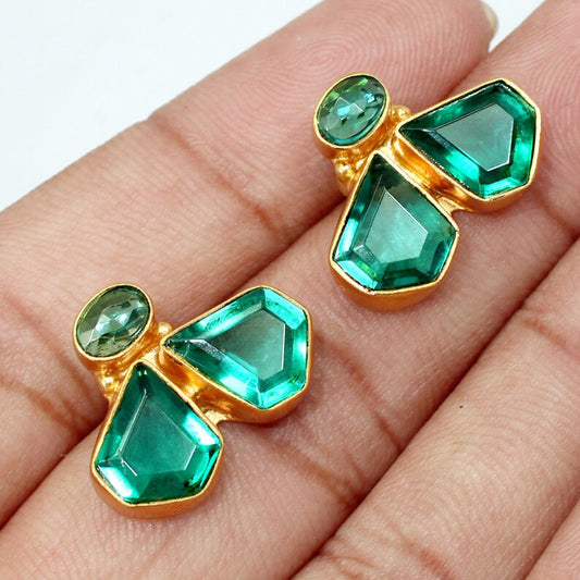 Green Apatite Gemstone Gold Plated Earrings