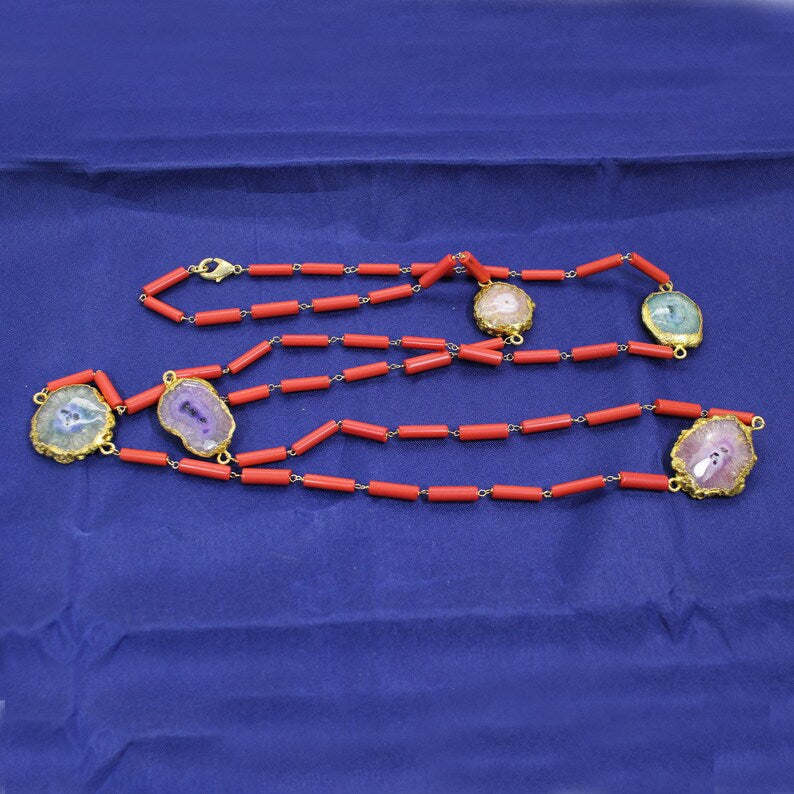 Multi Solar Quartz & Red Coral Beaded Necklace