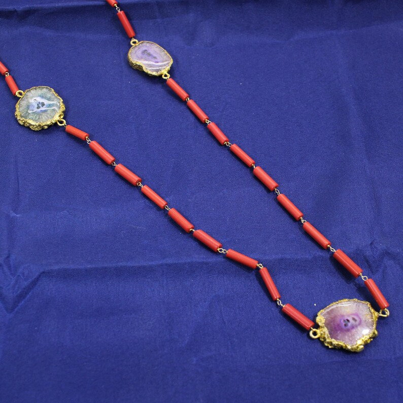 Multi Solar Quartz & Red Coral Beaded Necklace