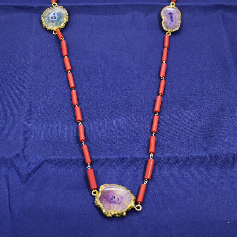 Multi Solar Quartz & Red Coral Beaded Necklace