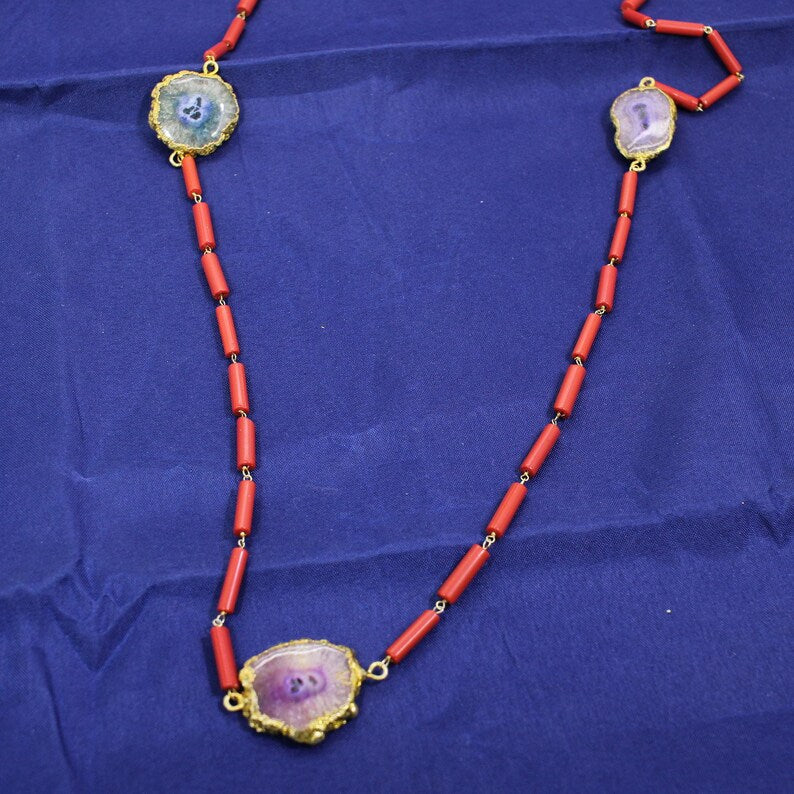 Multi Solar Quartz & Red Coral Beaded Necklace