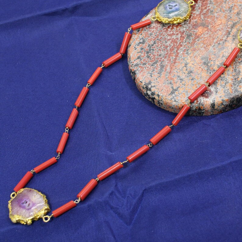 Multi Solar Quartz & Red Coral Beaded Necklace