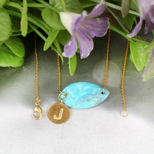 Initial Letter (J) & Turquoise Gemstone Brass Necklace