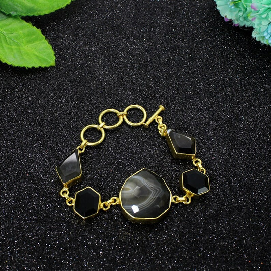 Black Banded Agate Gold Plated Brass Bracelet