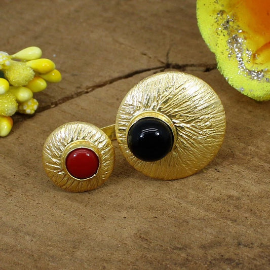 Red Coral & Blue Iolite Gemstone Gold Plated Ring