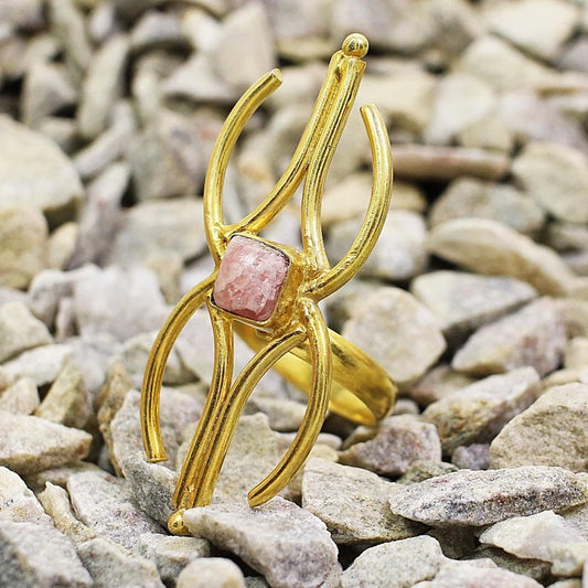 Handmade Rhodochrosite Gemstone Gold Plated Brass Ring