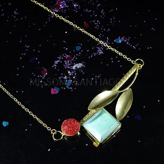 Red Druzy & Green Cat's Eye  Gold Plated Brass Necklace