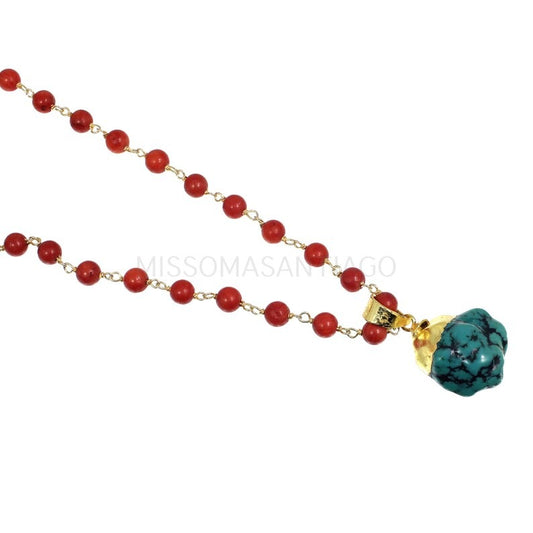 925 Sterling Silver Turquoise Rough & Red Coral Beaded Necklace