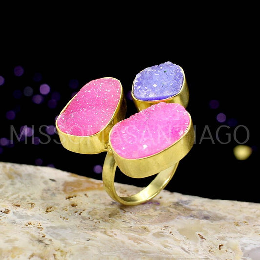 Pink Druzy & Purple Druzy Gemstone Brass Ring